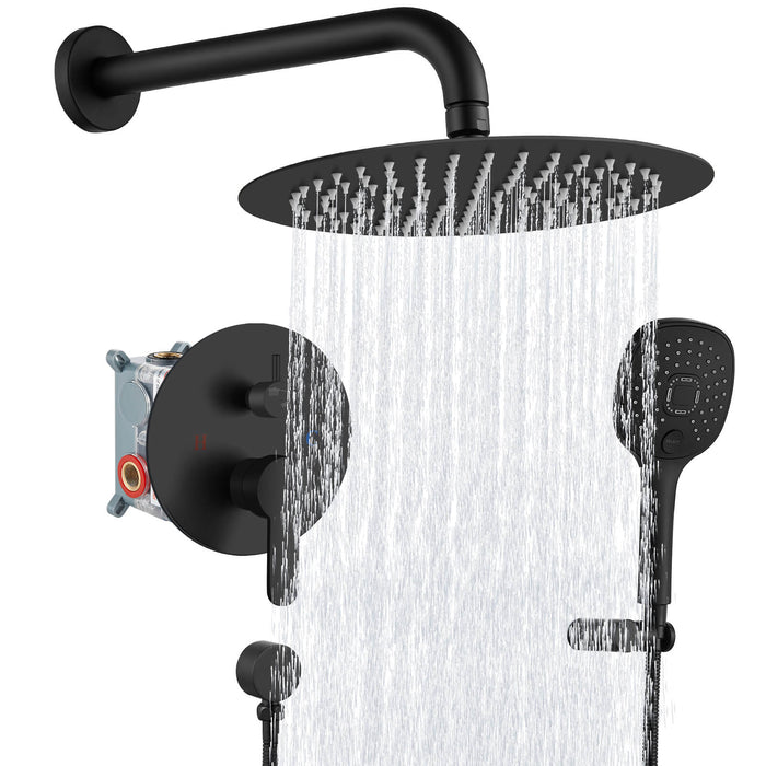 Matte Black Bathroom Shower System 10 Inch Rainfall Showerhead Round ABS Handheld Luxury Rain Mixer Shower Combo Set Wall Mounted Shower Fixture Shower Faucet Rough-in Valve Body and Trim Included