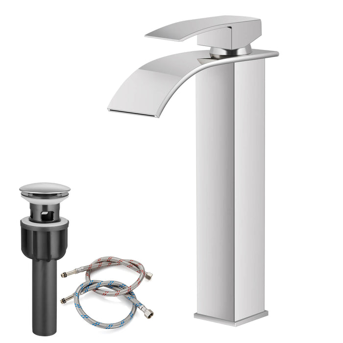 gotonovo Bathroom Sink Faucet Tall Large Waterfall Spout Deck Mount Stainless Steel 304 Single Hole Single Handle Mixer Tap with Supply Line(2 styles-Without Pop Up Drain & With Pop Up Drain)