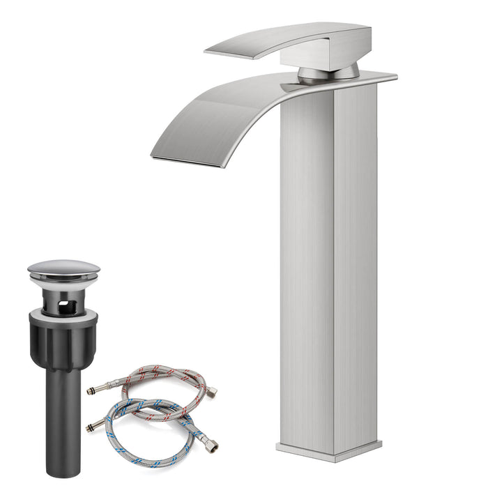 gotonovo Bathroom Sink Faucet Tall Large Waterfall Spout Deck Mount Stainless Steel 304 Single Hole Single Handle Mixer Tap with Supply Line(2 styles-Without Pop Up Drain & With Pop Up Drain)