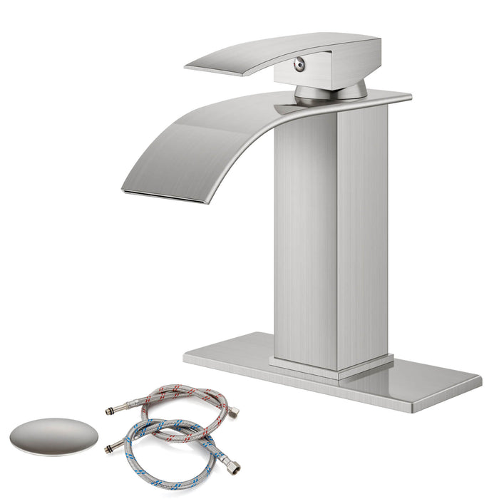 gotonovo Waterfall Bathroom Sink Faucet Deck Mount 304 Stainless Steel 1 Hole Single Handle Hot and Cold Mixer Tap(2 styles-without Pop Up Drain & with Pop Up Drain)