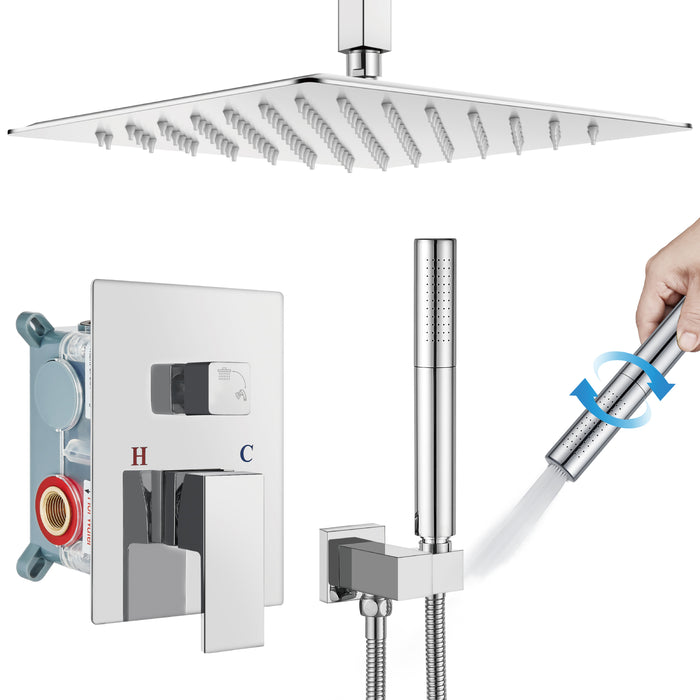Gotonovo Rain Shower Combo Set Square Shower head SUS304 Stainless Steel Shower Trim Kit 2 in 1 Cylindrical Handheld shower with Rough-in Valve