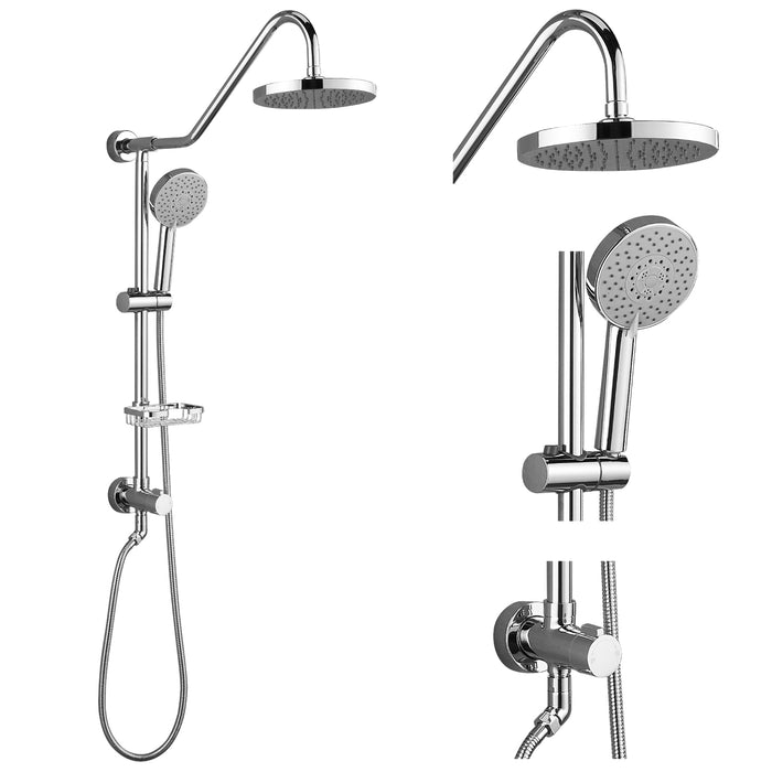 gotonovo Retrofit Shower System 8 Inch ABS Rainfall Shower Head Chrome Polish 5 Functions Hand Shower Brass Hose with Adjustable Slide Bar Soap Dish Combo Set Not Including The Rough-in Valve