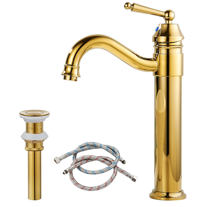 Brass Single Handle Bathroom Sink Faucet Brushed Brass Long Reach Bathroom Faucet Mixer Tap Brushed Brass Pop Up Drain Without Overflow Included Hot and Cold Water