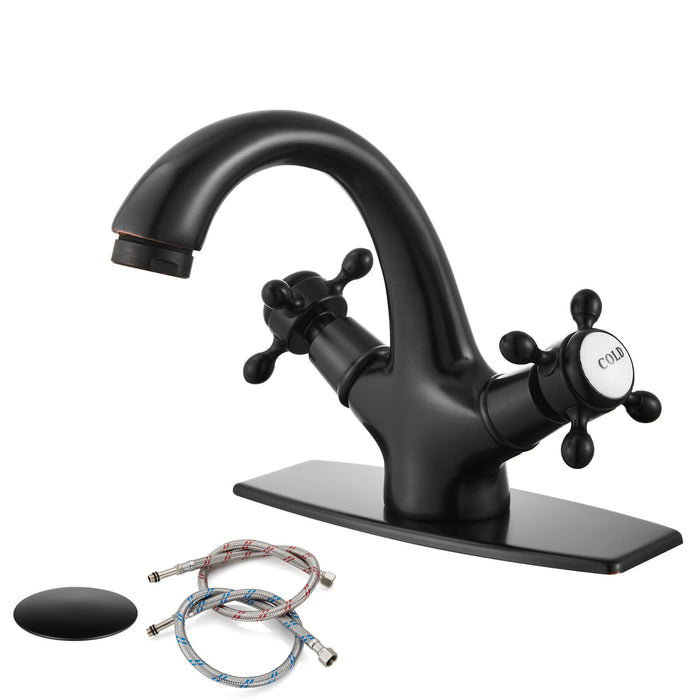 gotonovo Bathroom Sink Faucet with Pop up Drain with Overflow Double Cross Handle Single Hole Deck Mount Vanity Basin Cold Hot Lavatory Mixer Tap