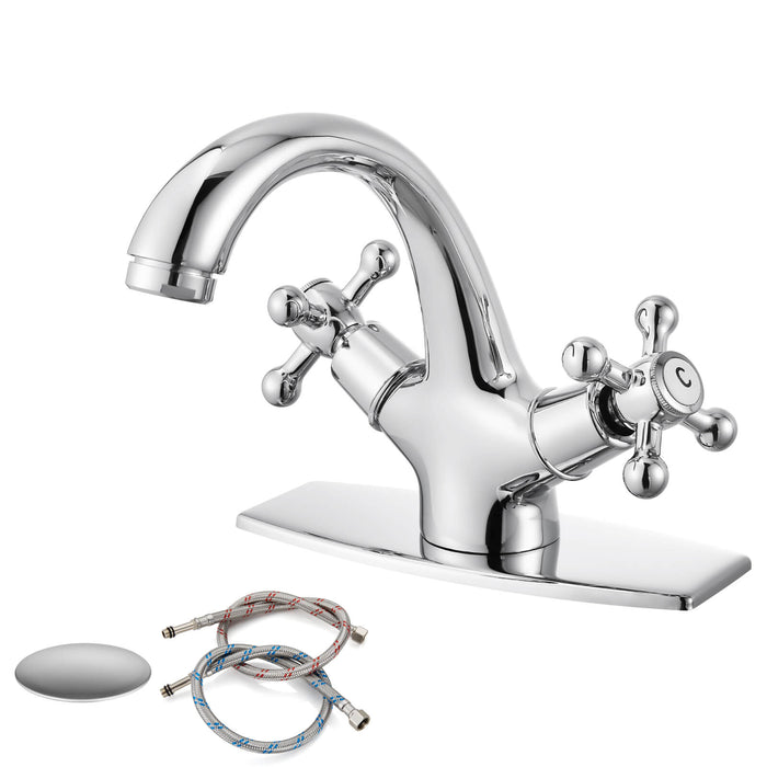 gotonovo Bathroom Sink Faucet with Pop up Drain with Overflow Double Cross Handle Single Hole Deck Mount Vanity Basin Cold Hot Lavatory Mixer Tap