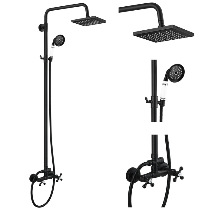 gotonovo Matte Black Bathroom Exposed Shower Fixture System Set Combo with Telephone Handheld with 2 Double Knobs Handle Dual Function with 8 Rain Square Shower Head Outdoor Shower Faucet Unit Set
