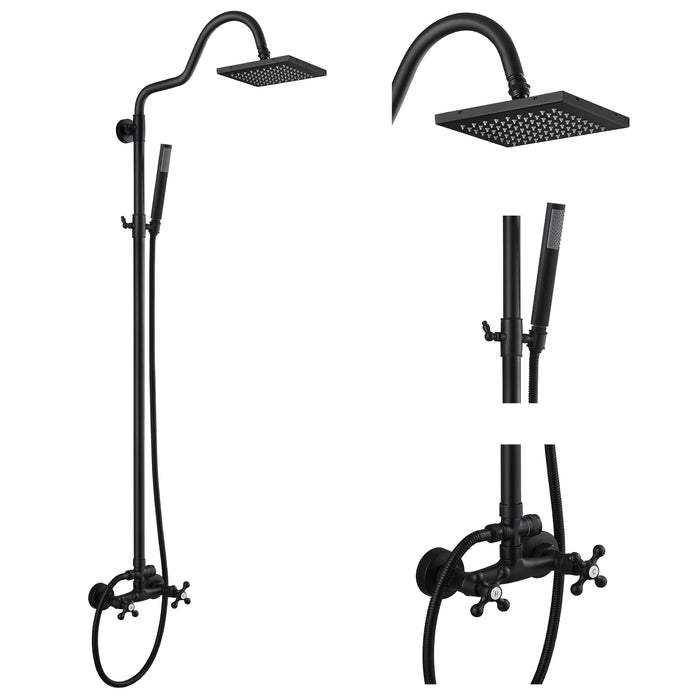 gotonovo Matte Black 8 inch Thickened square ABS Rain Shower Head Exposed Bathroom Shower Faucet System Set with Brass 2 Double Knobs Cross Adjustable Cylindrical Hand Sprayer