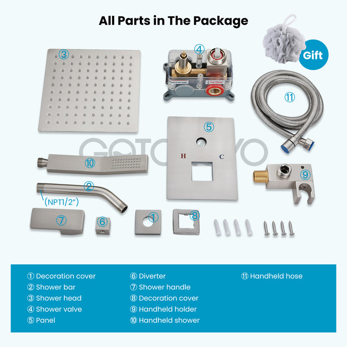 gotonovo Rain Shower Combo Set Wall Mounted  2-Function Rainfall Shower Head With Handheld Spray Rough-in Valve Body and Trim Included