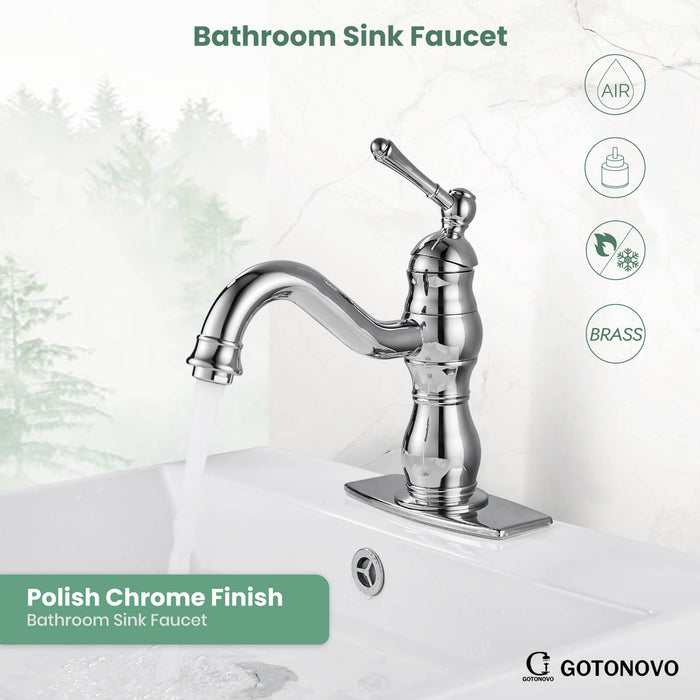gotonovo Bathroom Sink Faucet Single Handle Lavatory Vanity One Hole Mixer Deck Mount Tap with Pop Up Drain Lavatory Commercial Lead-Free