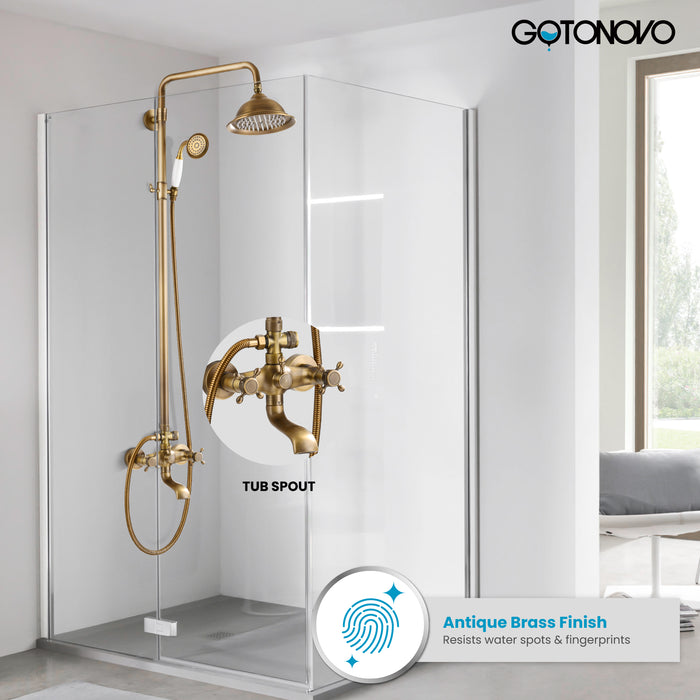 Gotonovo Exposed Shower System 8 Inch Rainfall Shower Head with Tub Spout and Handheld Spray Dual Cross Handle Bathroom Shower Faucet Wall Mount