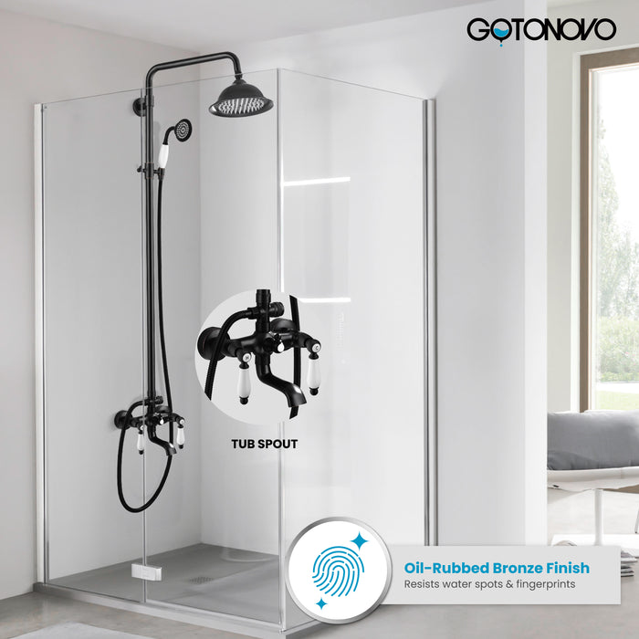 Gotonovo Exposed Shower System 8-inch Shower Head Fixture with Handheld Spray Double Lever Handle Bathtub Spout Triple Function Bathroom Wall Mount