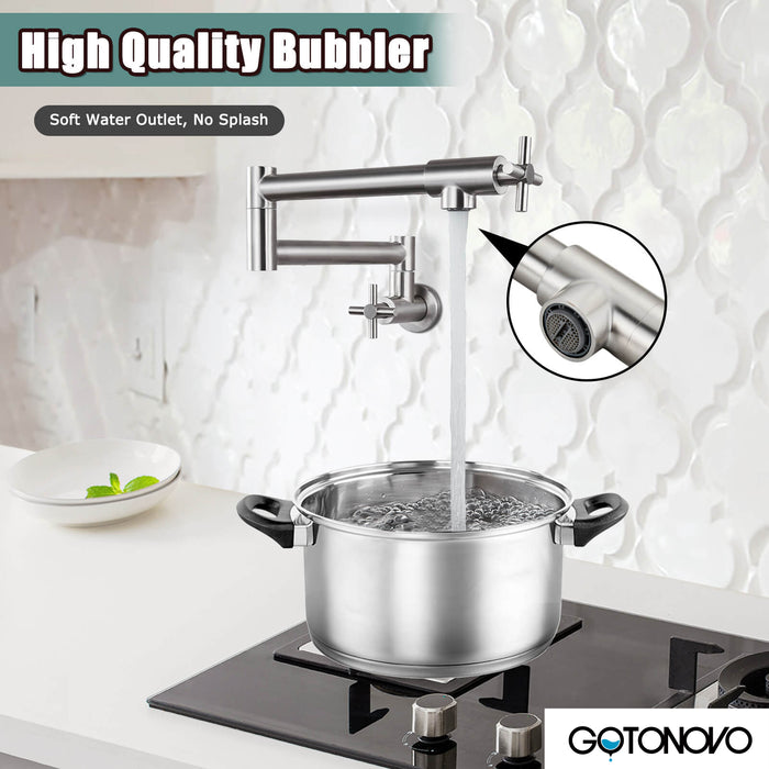 gotonovo Pot Filler Kitchen Faucet Stainless Steel SUS304 Two Cross Handle Single Hole Spout Wall Mounted Stretchable Swing Arm Commercial Kitchen Sink Faucet Control Water