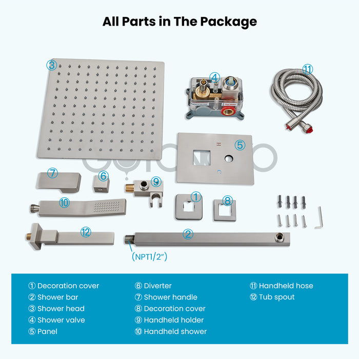 Gotonovo Rain Shower Combo Set Luxury 3-Function with Rotating Tub Spout,Square Rainfall Shower Head and Handheld Spray Rough-in Valve Body and Trim Included