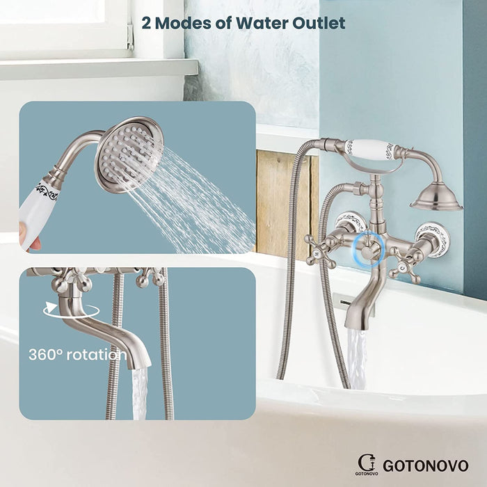 gotonovo Wall Mount Bathtub with Hand Held Shower Spray Faucet Set Bathroom Double Cross Handle 2 Functions 360 Swivel Mixer Tub Spout
