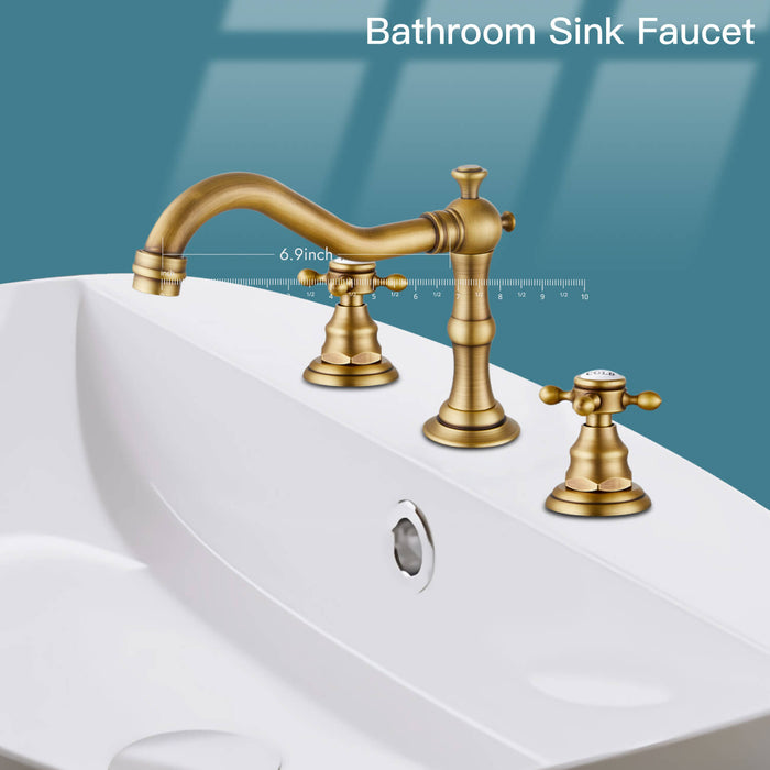 gotonovo Bathroom Sink Faucet Deck Mount Widespread Double Mixing Tap Cross Knobs 3 Hole with Pop Up Drain
