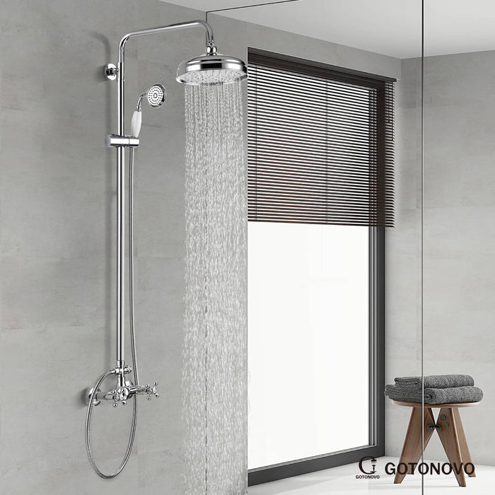 gotonovo Exposed Shower System Combo Set 8inch Rainfall Shower Head and Handheld Spray Double Knobs Cross Handle Dual Function Bathroom Shower Faucet Set