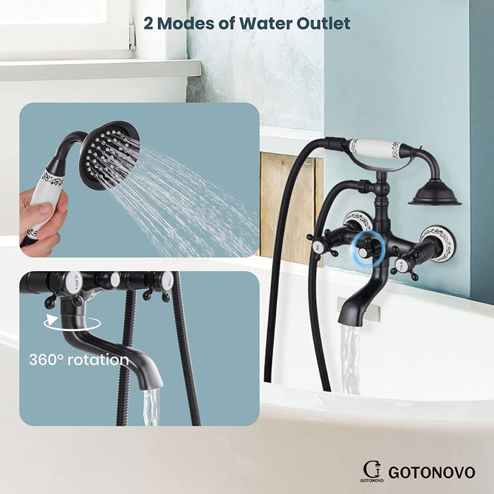 gotonovo Wall Mount Bathtub with Hand Held Shower Spray Faucet Set Bathroom Double Cross Handle 2 Functions 360 Swivel Mixer Tub Spout