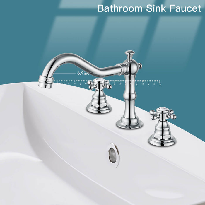 gotonovo Bathroom Sink Faucet Deck Mount Widespread Double Mixing Tap Cross Knobs 3 Hole with Pop Up Drain