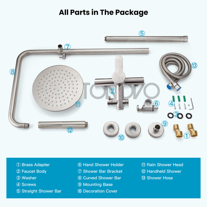 Gotonovo Exposed Shower System 304 Stainless Steel Shower Head with 2 in 1 Cylinder Handheld Spray 2 Function Wall Mount Single Handle