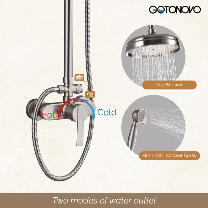 gotonovo Shower Fixture Exposed Pipe Shower System Brass 8 Inch Dual Functions Rainfall Overhead with Handheld Spray Solid Copper Diverter Bathroom Shower Faucet Combo Unit Set