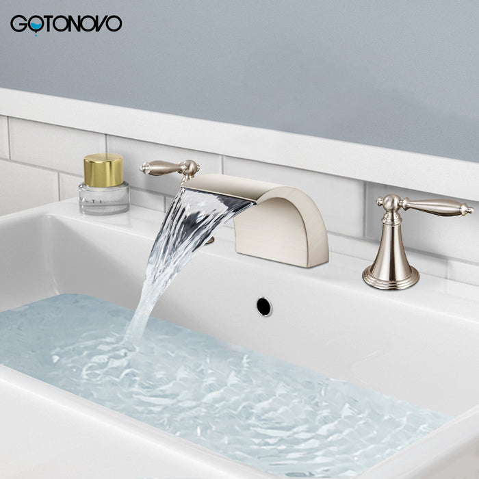 gotonovo Bathroom Widespread Sink Faucet Waterfall Spout 8 16 Inch Dual Handles Three Holes Deck Mount Pop Up Drain with Overflow Bathtub Basin Mixer Tap Commercial