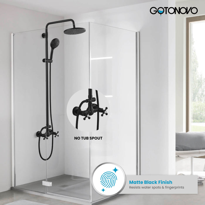 Gotonovo Exposed Shower System 8 Inch Rainfall Shower Head with Handheld Spray Dual Cross Knobs Mixer Bathroom Shower Combo Set Wall Mount