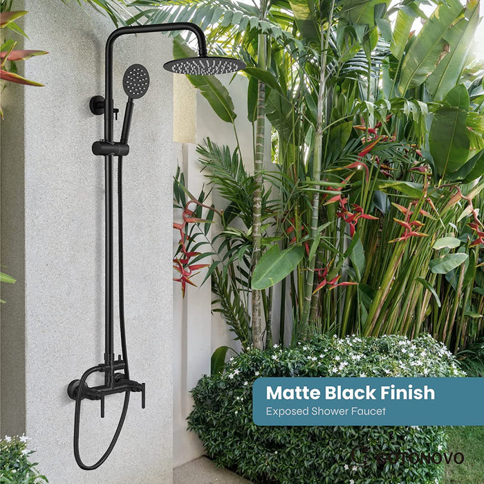 gotonovo Outdoor Shower Fixture System Combo Set Rainfall Lever Handle High Pressure Round Hand Spray Wall Mount Dual Function SUS304