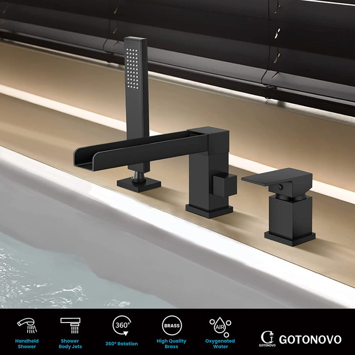 Gotonovo Waterval Romeinse badkuipkraan Tub Filler 3-gats dekmontage Enkele handgreep Wijdverspreide badkuipkraan met handdouche Badkamerkraan