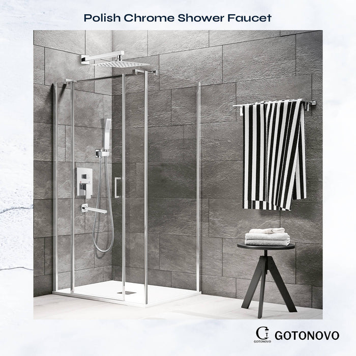 gotonovo Regendouchesysteem met baduitloop Mixer Douchecombinatieset 3 Functies Wandgemonteerde douchekop Handdouche Badkamer Luxe Rain Rough-in ventiellichaam en afwerkingsset 