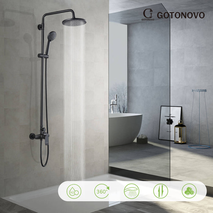 Gotonovo Matte Black Exposed Shower Fixture Combo Set 9 Inch ABS Round Rainfall Showerhead with ABS Handheld Sprayer Wall Mount Shower System Adjustable Slide Bar