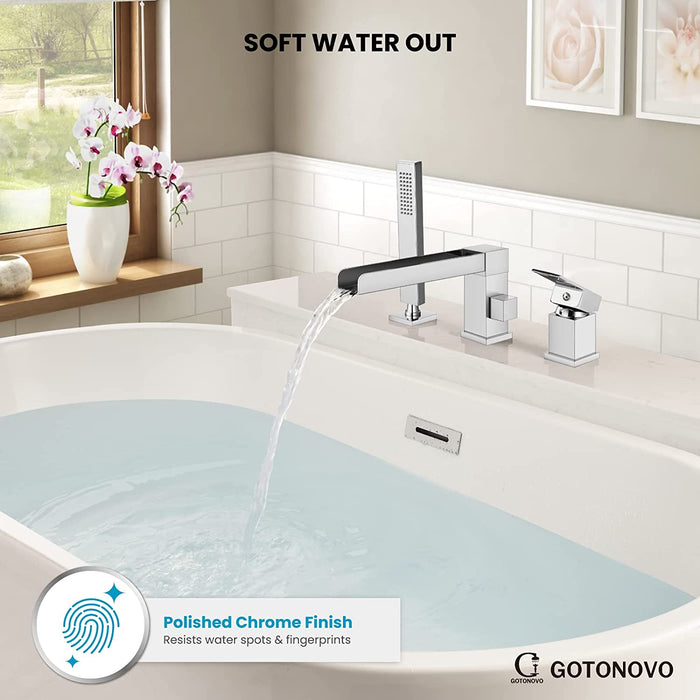 Gotonovo Waterval Romeinse badkuipkraan Tub Filler 3-gats dekmontage Enkele handgreep Wijdverspreide badkuipkraan met handdouche Badkamerkraan