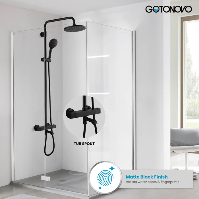 Gotonovo Exposed Shower System Thermostatic 8’’ Round Shower Head with Height Adjustable Slide Bar ABS Handheld Sprayer Wall Mount Shower Fixture