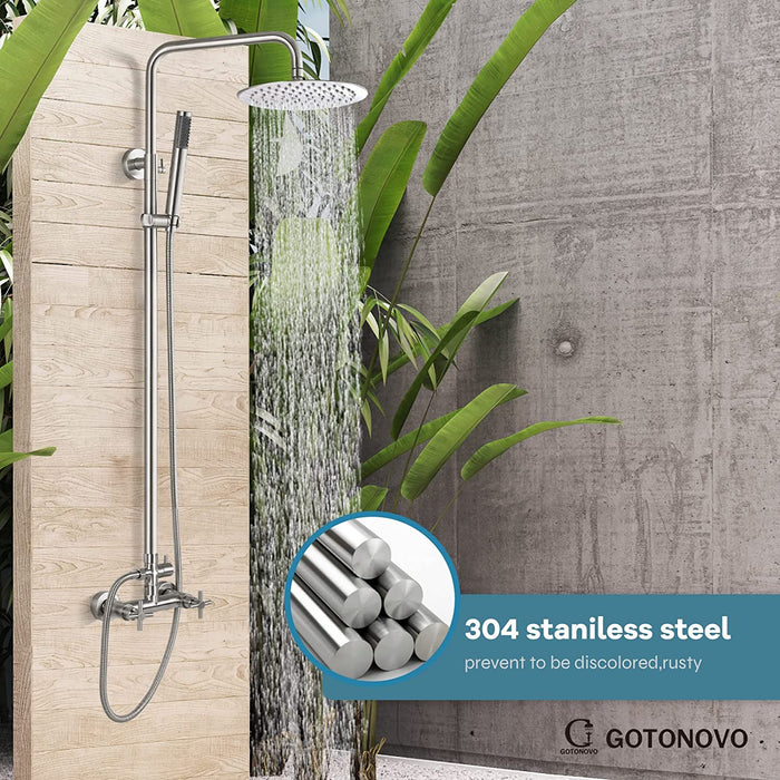 gotonovo Outdoor Shower Faucet SUS304 Shower Fixture System Combo Set Double Cross Handle Rainfall Shower Head High Pressure Hand Spray Wall Mount 2 Function 8 inch