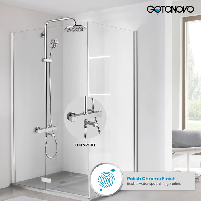 Gotonovo Exposed Shower System Thermostatic 8’’ Round Shower Head with Height Adjustable Slide Bar ABS Handheld Sprayer Wall Mount Shower Fixture