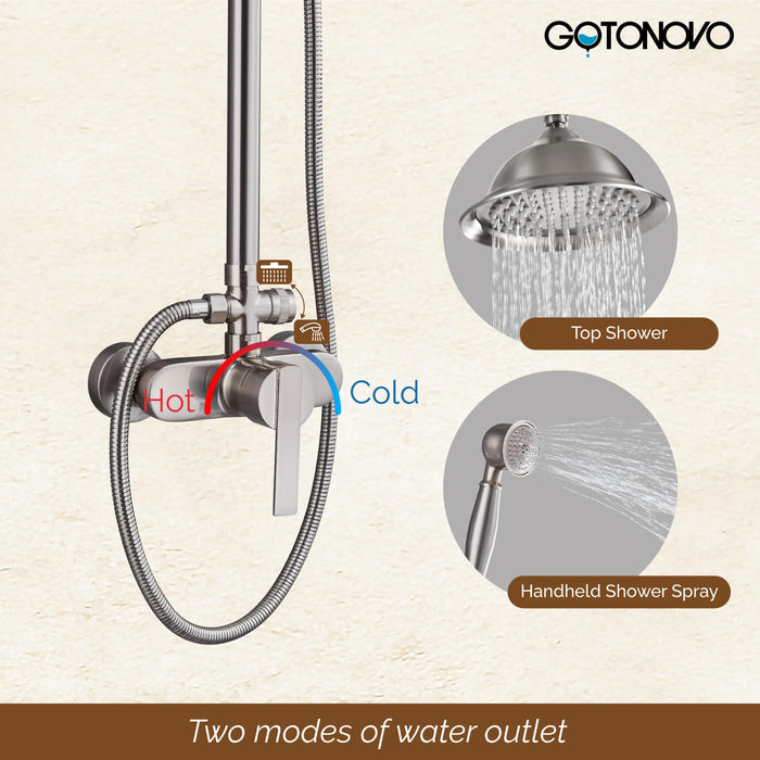 gotonovo Exposed Pipe Shower System Brass 8 Inch Overhead Rainfall Shower Fixture with Handheld Spray Dual Functions Solid Diverter Wall Mounte Bathroom Shower Faucet Combo Unit Set