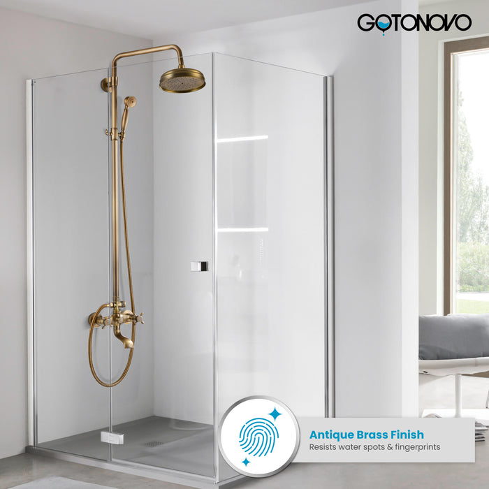 Gotonovo Exposed Shower Fixture 8 Inch Rainfall Shower Head with Handheld Spray Dual Cross Knobs Mixer Bathroom Triple Function Shower Combo Set Wall Mount