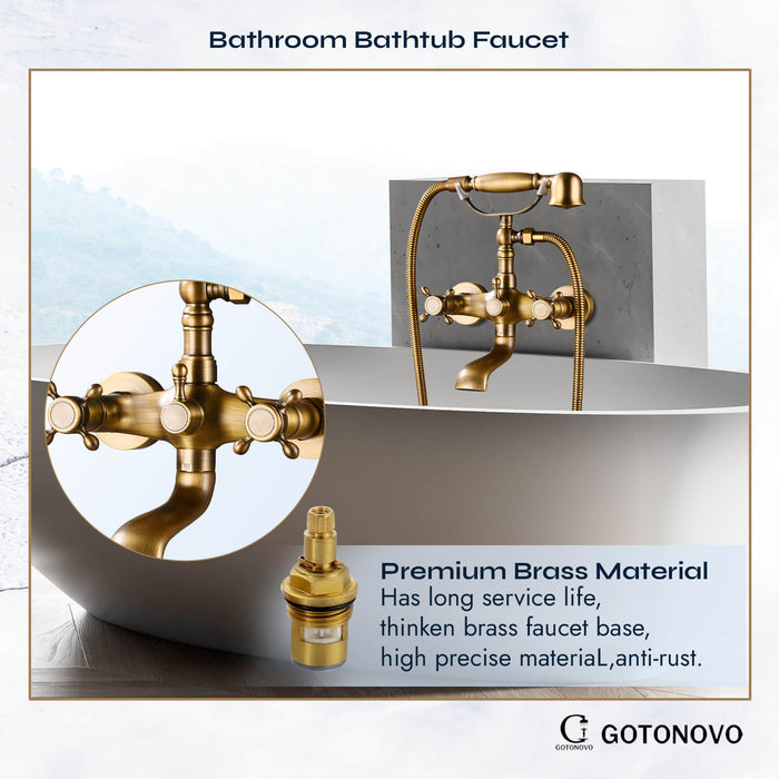 gotonovo Wall Mount Bathroom Bathtub Faucet Set Vintage with Hand Held Shower Spray Double Cross Handle 2 Functions 360 Swivel Mixer Tub Spout