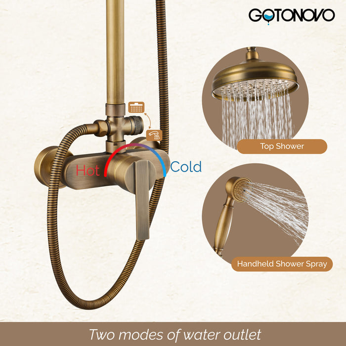gotonovo Shower Fixture Exposed Pipe Shower System Brass 8 Inch Dual Functions Rainfall Overhead with Handheld Spray Solid Copper Diverter Bathroom Shower Faucet Combo Unit Set