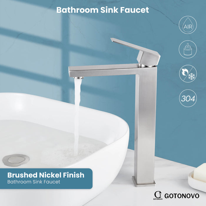 gotonovo Bathroom Sink Faucet Deck Mount Stainless Steel 304 Single Hole Single Handle Spout Mixer Tap with Pop Up Drain(Tall Type&Short Type)