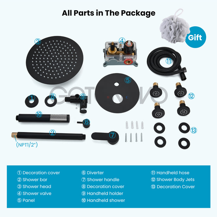 Gotonovo Rain Shower Combo Set Ceiling Mounted Matte Black 12-inch Round Rain Shower Head with Body Spray Jets and Brass Handheld Shower Pressure Balance Rough-in Valve and Trim Included