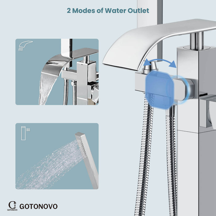 gotonovo Freestanding Tub Filler Waterfall Bathtub Faucet Floor Mount Single Handle Brass Tub Faucets with Handheld Shower Swivel Spout