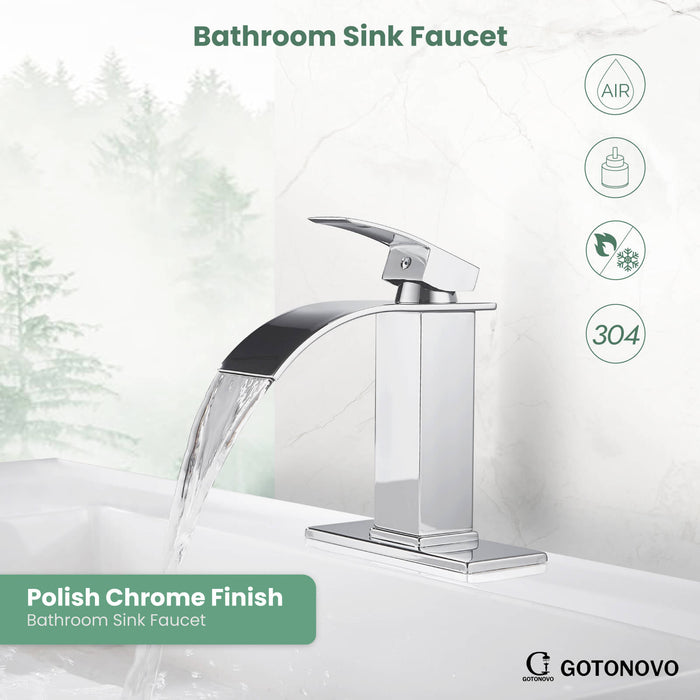 gotonovo Waterfall Bathroom Sink Faucet Deck Mount 304 Stainless Steel 1 Hole Single Handle Hot and Cold Mixer Tap(2 styles-without Pop Up Drain & with Pop Up Drain)