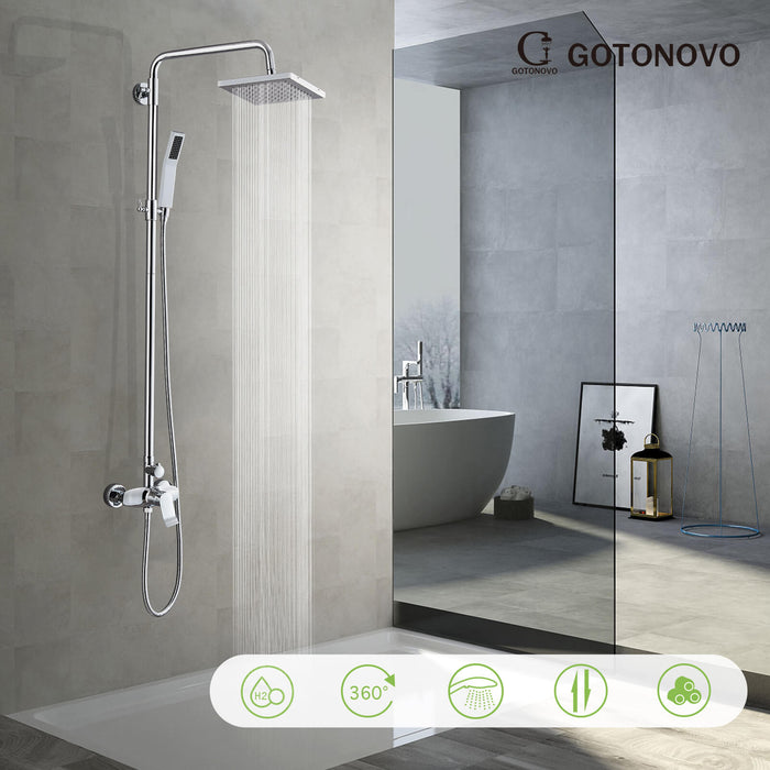 Gotonovo Exposed Shower System 8 Inch Square Swivel Rainfall Shower Head with Handheld Adjustable Complete Set Wall Mount