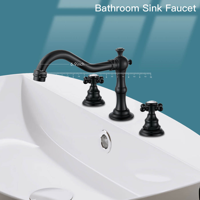 gotonovo Bathroom Sink Faucet Deck Mount Widespread Double Mixing Tap Cross Knobs 3 Hole with Pop Up Drain