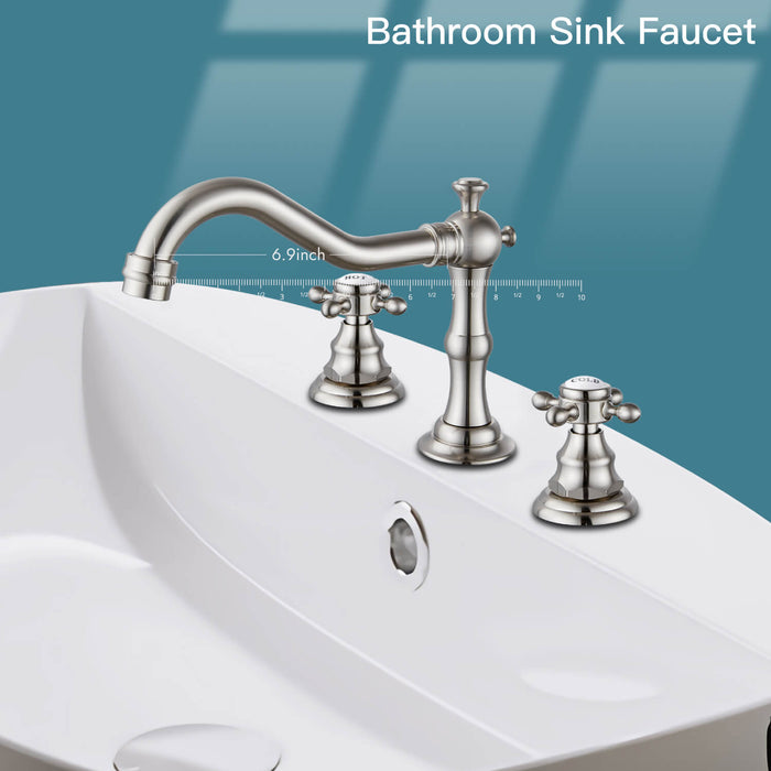 gotonovo Bathroom Sink Faucet Deck Mount Widespread Double Mixing Tap Cross Knobs 3 Hole with Pop Up Drain