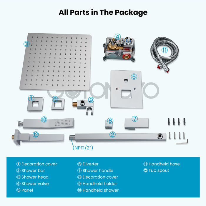 Gotonovo Rain Shower Combo Set Luxury 3-Function with Rotating Tub Spout,Square Rainfall Shower Head and Handheld Spray Rough-in Valve Body and Trim Included