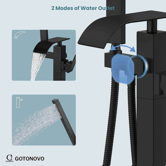 gotonovo Freestanding Tub Filler Waterfall Bathtub Faucet Floor Mount Single Handle Brass Tub Faucets with Handheld Shower Swivel Spout