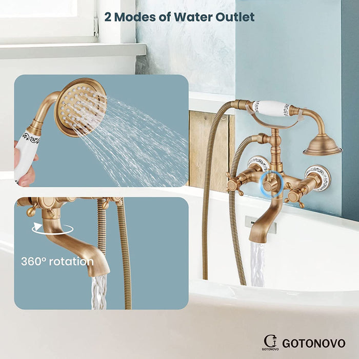 gotonovo Wall Mount Bathtub with Hand Held Shower Spray Faucet Set Bathroom Double Cross Handle 2 Functions 360 Swivel Mixer Tub Spout