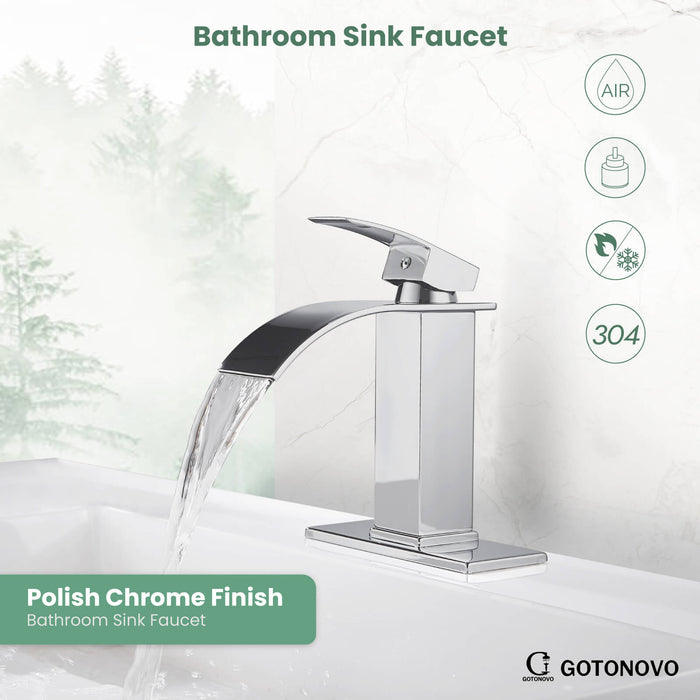 gotonovo Waterfall Bathroom Sink Faucet Deck Mount 304 Stainless Steel 1 Hole Single Handle Hot and Cold Mixer Tap(2 styles-without Pop Up Drain & with Pop Up Drain)