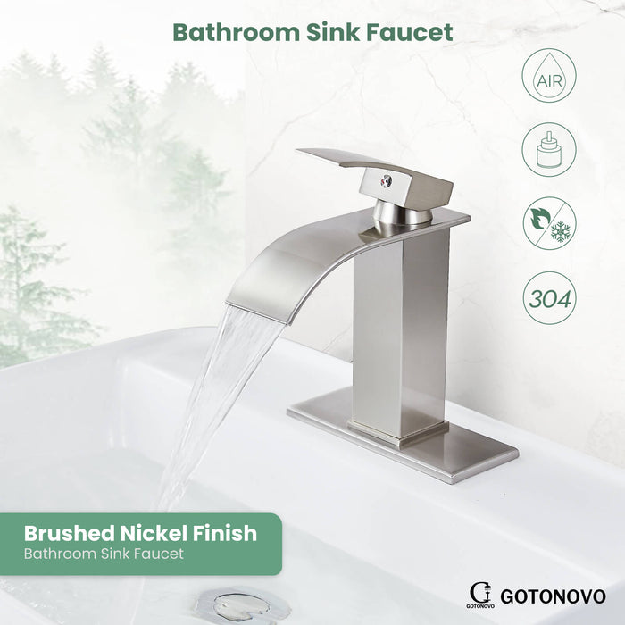 gotonovo Waterfall Bathroom Sink Faucet Deck Mount 304 Stainless Steel 1 Hole Single Handle Hot and Cold Mixer Tap(2 styles-without Pop Up Drain & with Pop Up Drain)